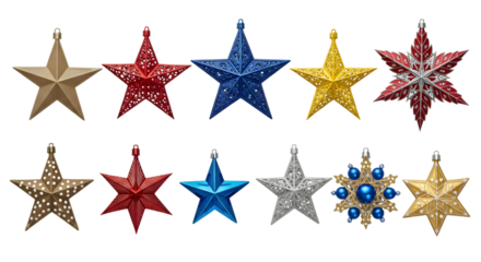 Collection of assorted christmas star ornaments in various colors and textures, isolated on transparent background