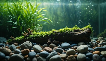 Underwater scene of river stones moss covered log and aquatic plants in clear water tank filled