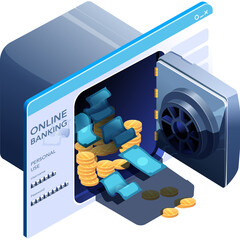 Online Banking Security Concept Featuring An Open Safe With Overflowing Digital Currency And Coins Representing Financial Transactions And Data Protection