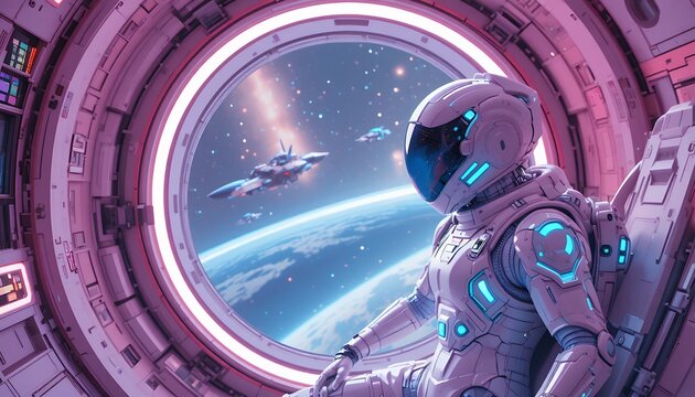 Futuristic astronaut observing distant spacecraft from space station window with a view of earth