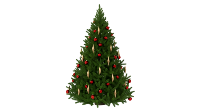 A decorated christmas tree with red and gold ornaments, isolated on transparent background