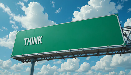 Green highway sign with the word think against a bright cloudy sky on a sunny day
