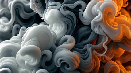 The images depict a dynamic and colorful cloud of swirling smoke or vapor, characterized by intricate curling patterns and a rich blend of gray, white, black, and orange hues