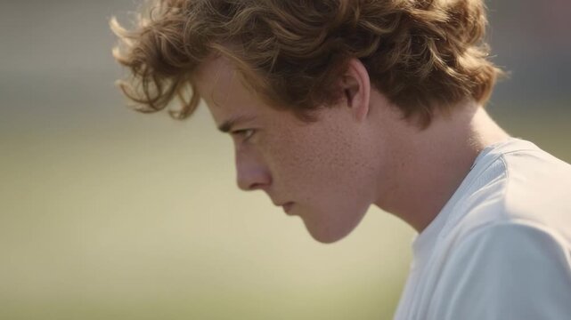 A young man with curly light-brown hair in a white shirt, biting his thumb and looking down pensively outdoors.