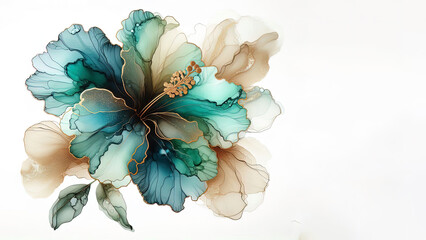 Teal, turquoise, and beige abstract alcohol ink hibiscus with gold outlines. Fluid, coastal, modern floral. Use for banner, greeting card