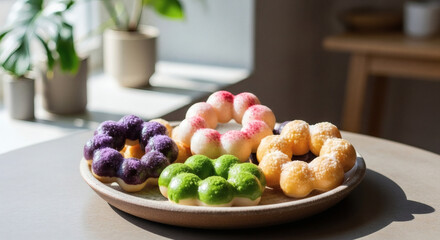 Vibrant Assortment of Mochi Donuts (Pon de Ring) with Ube, Matcha, and Fruit Glazes, Beautifully Lit by Sunlight in a Cafe Setting