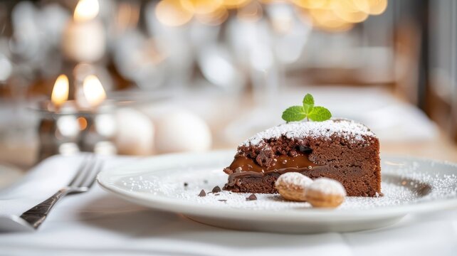 A warm chocolate lava cake with a molten chocolate center, dusted with powdered sugar and mint.