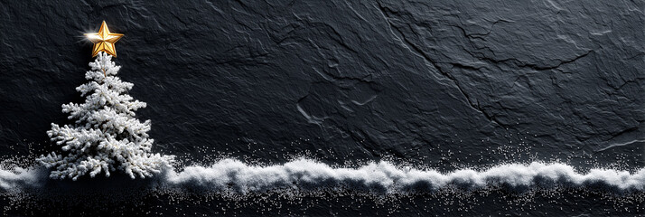 Extreme close-up and top view of a stylized Christmas tree made with snow, golden star glowing atop, against a black slate with copy space. Template for a Christmas card. Generative Ai.