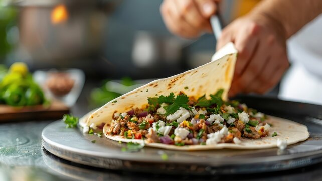 A street food vendor assembling a tlayuda, a large crispy tortilla with various toppings.