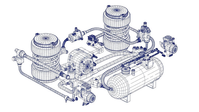 Engineering concept of an industrial pneumatic system with air springs and tank