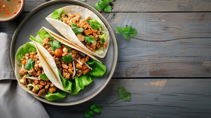 A platter of lettuce cups filled with ground pork, mushrooms, and water chestnuts.