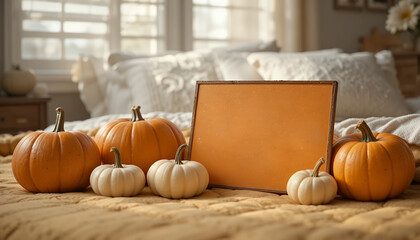 Cozy autumn bedroom scene featuring small pumpkins and a blank orange sign on a bedspread