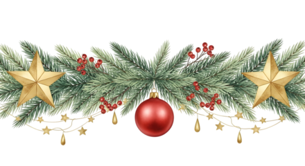 A seamless watercolor border of a christmas garland made of evergreen branches, red berries, golden stars, and a red ornament, isolated on transparent background
