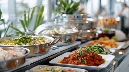 Fototapeta premium A vibrant Indian buffet with fragrant curries, naan bread, and rice dishes.