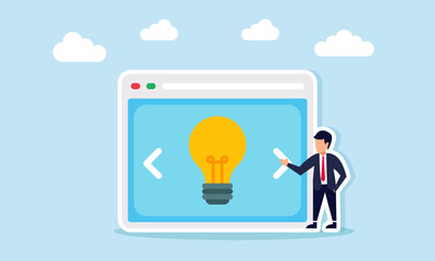 Businessman pressing next button on an app interface displaying a light bulb illustrating selecting the right business idea and innovation