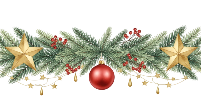 A seamless watercolor border of a christmas garland made of evergreen branches, red berries, golden stars, and a red ornament, isolated on transparent background