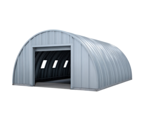 Expansive steel structure with vaulted ceiling designed for cargo management and vehicle servicing on transparent background