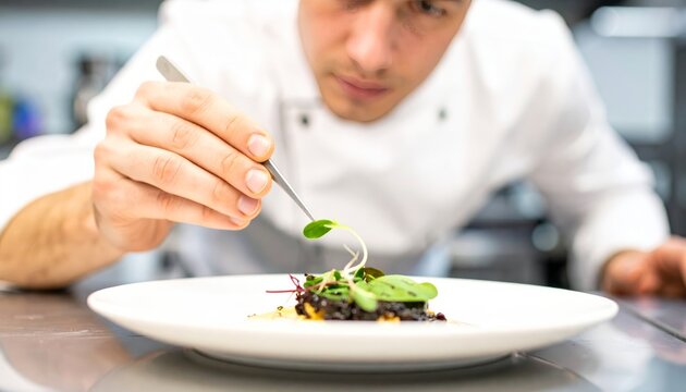 Professional Chef Meticulously Plating a Gourmet Dish with Tweezers