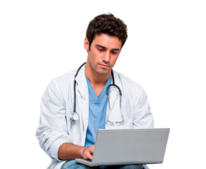 Medical specialist carefully studying electronic medical history in professional clinic on transparent background