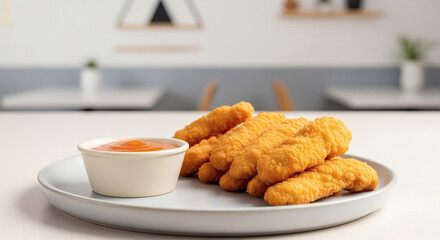 Pile of Crispy Chicken Tenders Served with Tangy Orange Dipping Sauce on a Plate in a Bright, Casual Fast Food Restaurant Setting