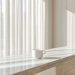 Minimalist Bright Café Scene with Marble Counter and Morning Sunlight
