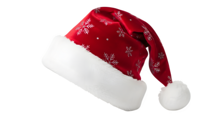 Festive red santa hat with white snowflake pattern isolated on transparent background