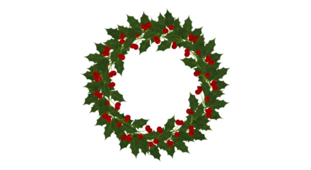 Christmas wreath made of holly leaves and red berries isolated on transparent background