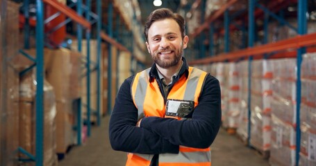 Happy man, portrait and supplier with confidence in warehouse for storage maintenance service. Male...