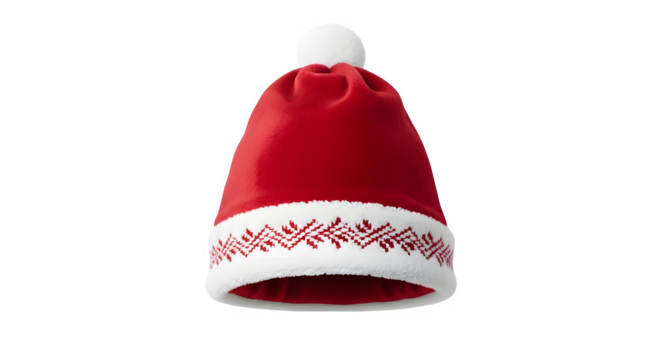 Classic red santa hat with white fur trim and snowflake pattern isolated on transparent background