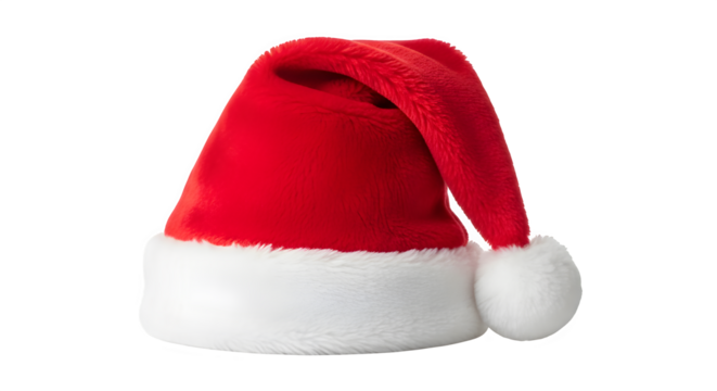 Classic red santa claus hat with white fur trim isolated on transparent background