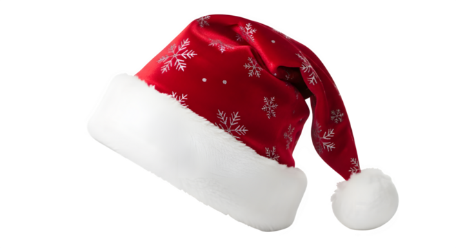 Festive red santa hat with white snowflake pattern isolated on transparent background