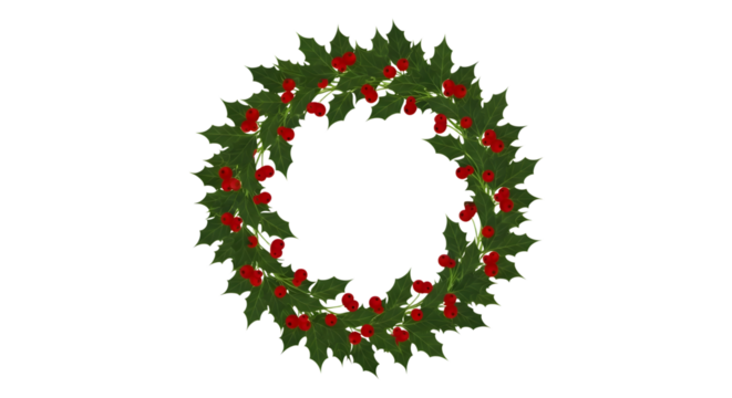 Christmas wreath made of holly leaves and red berries isolated on transparent background