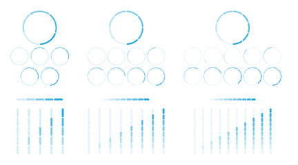 Gauge levels outline visualizes metrics and progress, circular gauges, dotted progress bars, and vertical meters convey data control and UI status, transparent background. Outline style collection