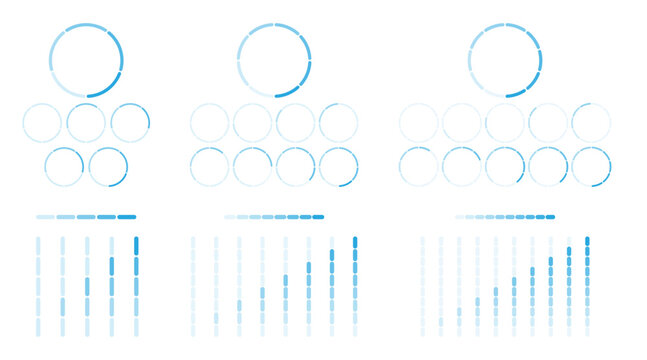 Gauge levels outline visualizes metrics and progress, circular gauges, dotted progress bars, and vertical meters convey data control and UI status, transparent background. Outline style collection