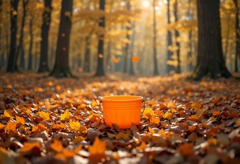 Orange bucket surrounded by fallen autumn leaves in a sunlit dense forest during fall season