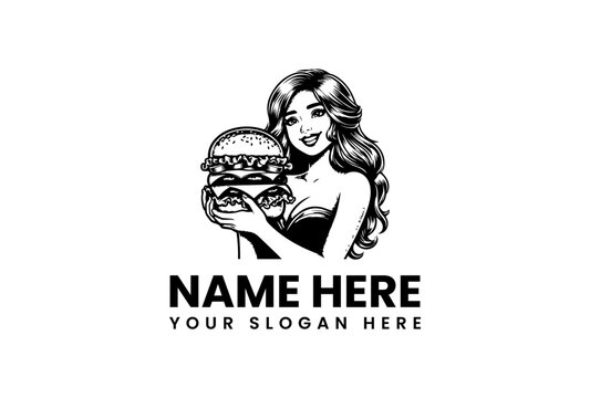 Retro-inspired illustration of a smiling woman holding a generously stacked, delicious gourmet burger, ideal for a classic restaurant or fast-food branding