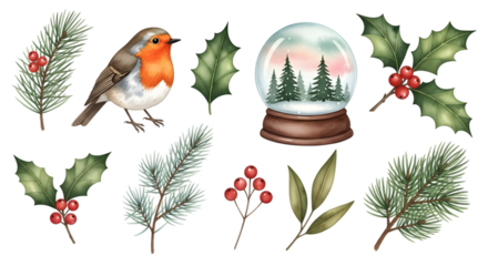 Christmas robin bird with pine branch, holly, berries, and a snow globe with pine trees and a pink sky, isolated on transparent background