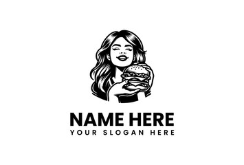Elegant Woman Character Enjoying a Delicious Burger, Perfect Logo Illustration for Fast Food, Eatery, or Restaurant Branding and Food Service Businesses