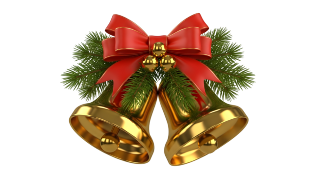 Pair of golden christmas bells with red ribbon bow and green pine branches, isolated on transparent background