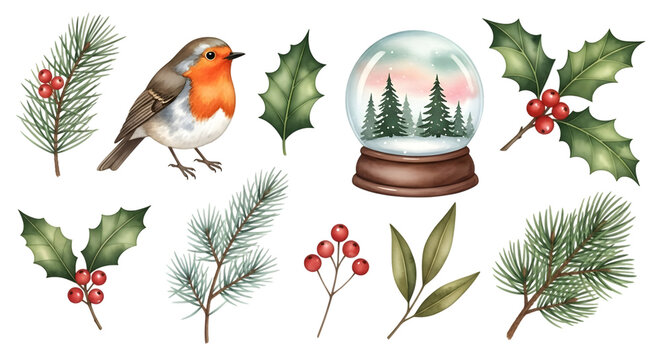 Christmas robin bird with pine branch, holly, berries, and a snow globe with pine trees and a pink sky, isolated on transparent background - Powered by Adobe