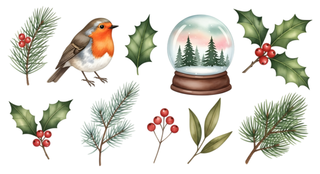 Christmas robin bird with pine branch, holly, berries, and a snow globe with pine trees and a pink sky, isolated on transparent background - Powered by Adobe