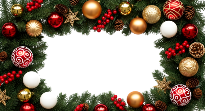 Christmas wreath frame with pine branches, red and gold baubles, pinecones, and red berries, with a white copy space in the center, isolated on transparent background