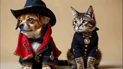 The image features a cute dog and a cat dressed in elaborate costumes, posed together against a neutral background