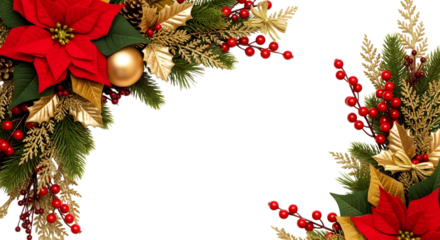 Christmas corner decoration with red poinsettias, pine branches, golden leaves, and red berries, isolated on transparent background