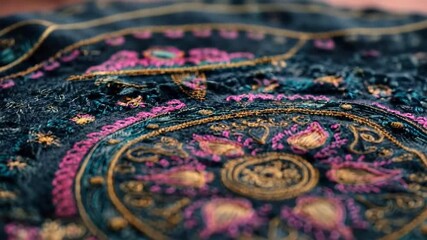 Close-up of an ornate circular embroidery on dark blue fabric with pink, gold and purple threads forming a mandala pattern. - Powered by Adobe
