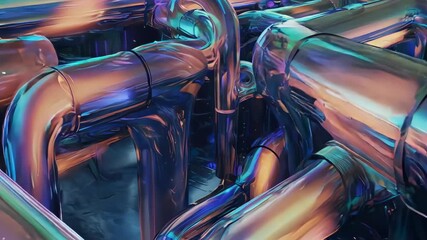 Complex network of iridescent, fluid pipes in shades of blue, green, and purple - Powered by Adobe