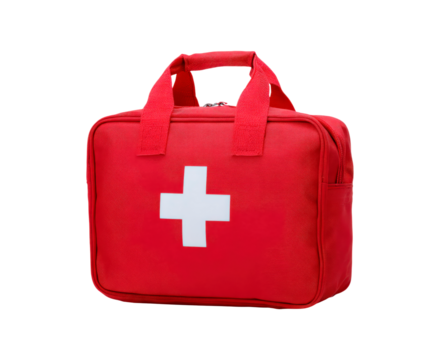 Emergency kit ready, Portable medical supplies kit, Compact first aid package with essential tools on transparent background