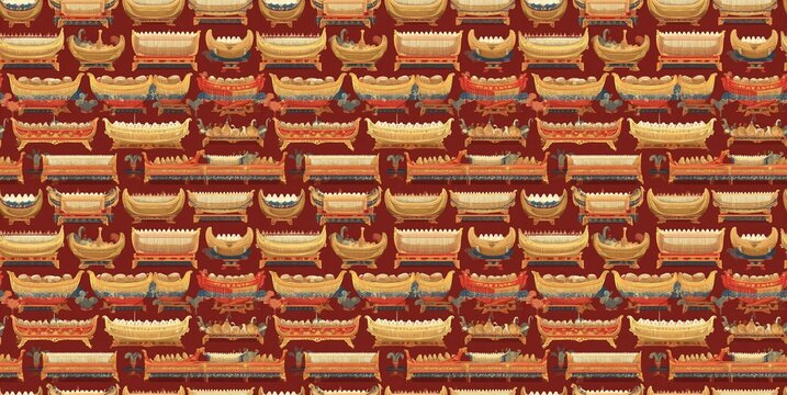 Vibrant seamless pattern celebrating Balinese cultural festivals with gamelan instruments in rich red, orange, and gold hues.