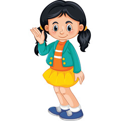 Cartoon Girl With Black Pigtails Waving Hello Wearing Teal Jacket Orange Shirt Yellow Skirt and Blue Shoes