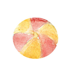 Watercolor beach ball isolated. Plastic Ball of toy. Summer illustration, hand drawn. Vintage art.
